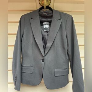 Express gray, single-breasted, classic blazer, mock front pockets, back vent, 6